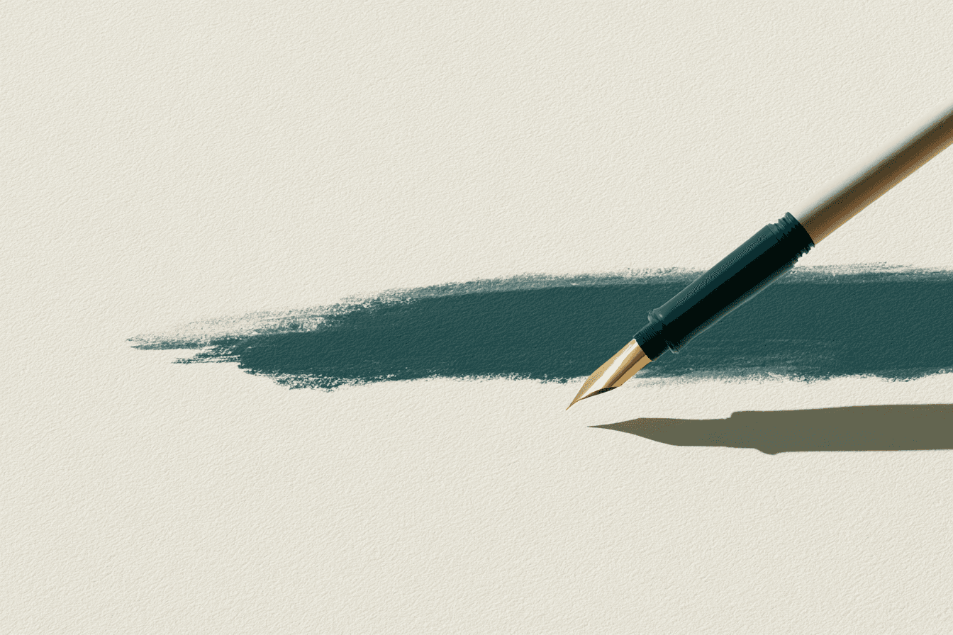 An abstract pen, guided by an unseen hand, unspools sentences across an empty surface