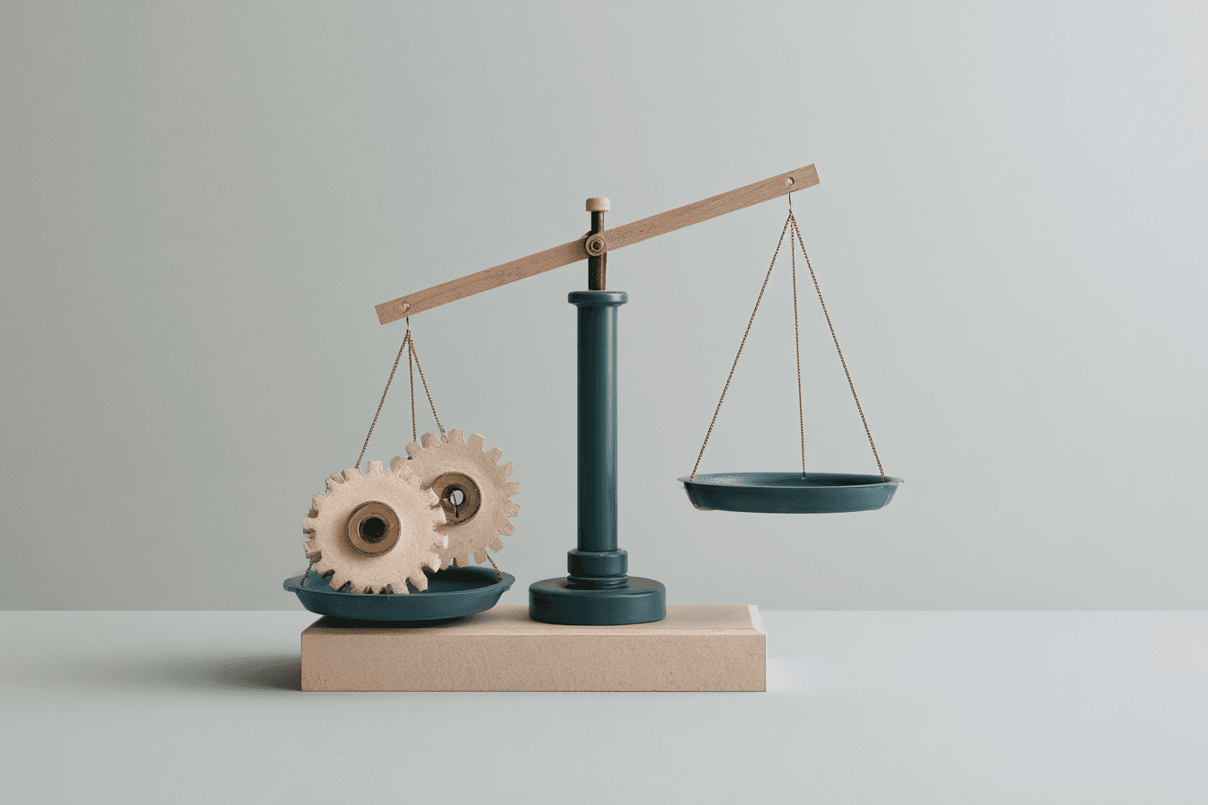 A scale weighing manual labor against automation tips calmly to one side, settling the balance